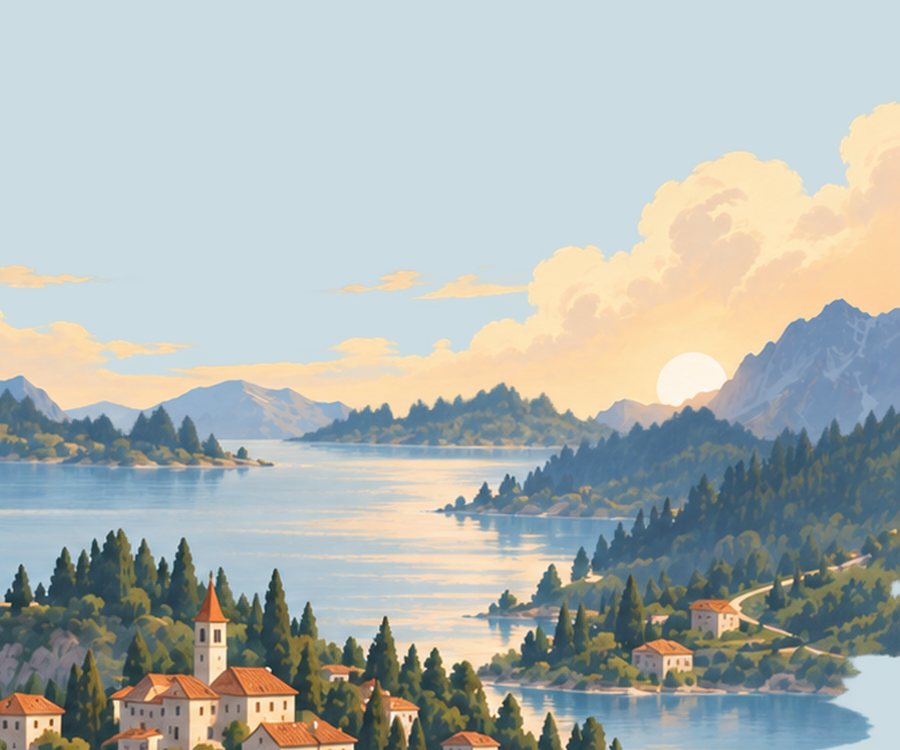 Sunset over a mountain lake, with a village on the far shore.