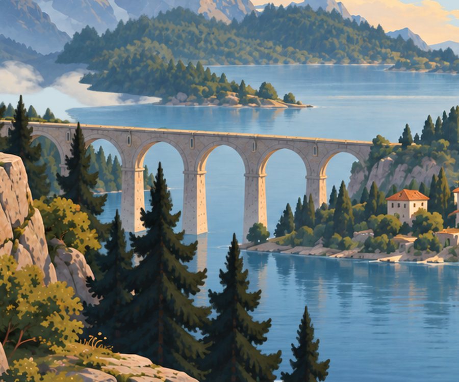 A stone viaduct crossing a blue lake between forested cliffs.