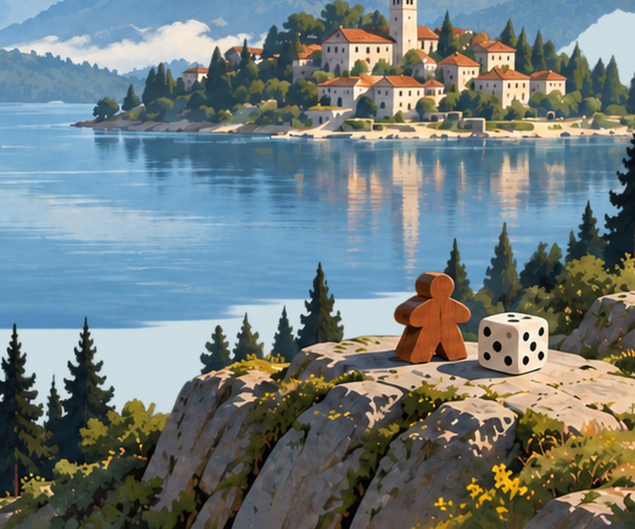 A wooden game piece and a die on a rock above a lake.