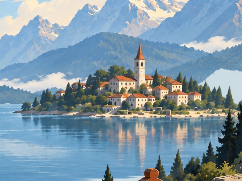 A lakeside village with a bell tower and red rooftops.