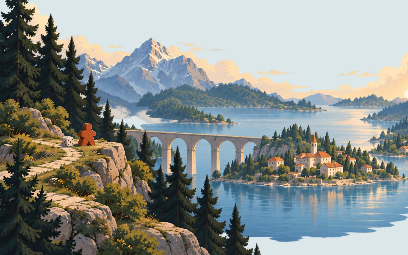 A stone viaduct crossing a misty mountain lake, with a wooden meeple and a die resting on the cliff edge.