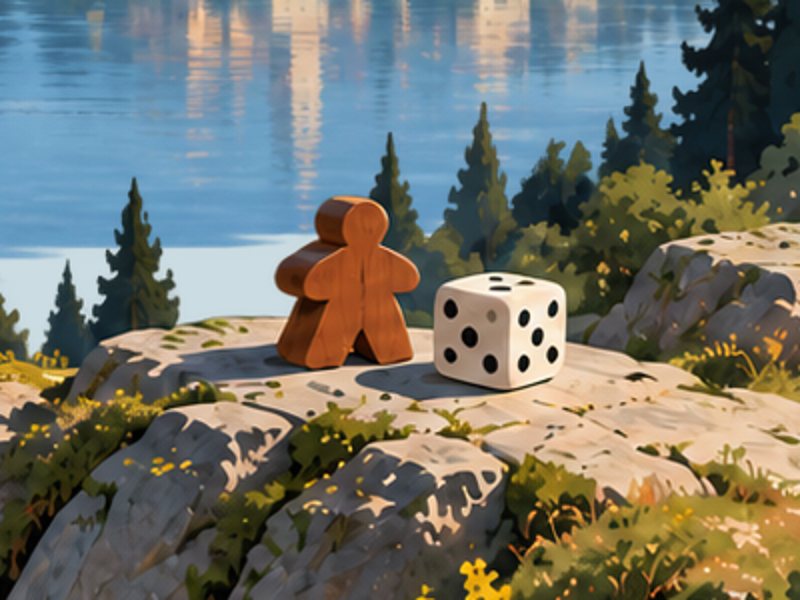 A wooden meeple and a white die on a mossy rock.